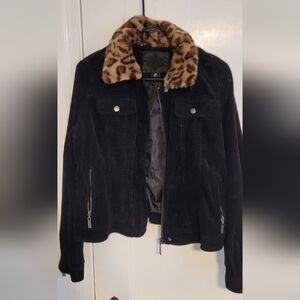 Black Corduroy And Leopard Print Fur Jacket